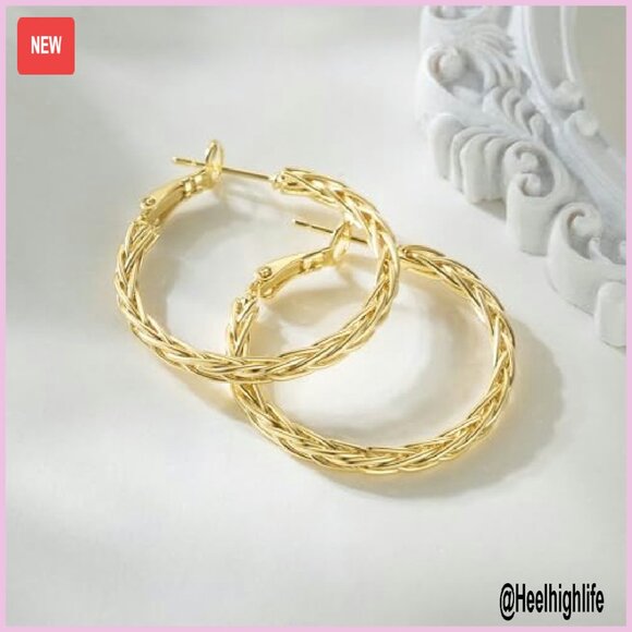 14K Gold Twisted Hoop Earrings 30MM Hypoallergenic Fine Weave Design - Picture 6 of 8